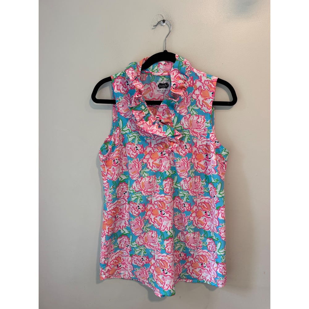 Mud Pie Womens Pink Blue Floral Ruffle Neck Sleeveless Top Size M 8-10 2398